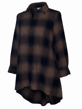 LISA RINNA COLLECTION Oversized Button Front Hi-Low Hem Blouse Black Brown SZ XS